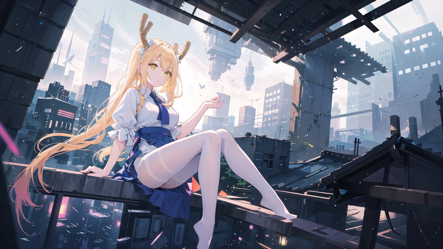 1 girl, 1 girl perched on a futuristic rooftop, gazing at a holographic city skyline, solitude, reflection, cityscape, futurism, contemplation, rooftop lair, wide-angle lens, twilight, 24mm focal distance, cyberpunk landscape, by SilverWhiskers, tohru (maidragon), TohruDM, NTail, white pantyhose, yellow hair, 4k, beautiful, masterpiece,More Detail,portrait,backlight