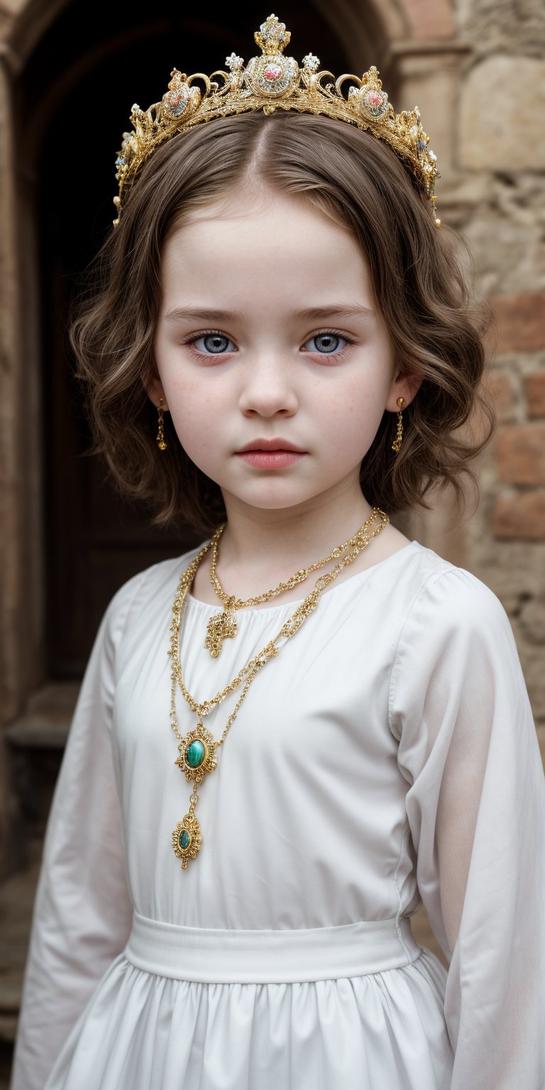 Little girl, 9 yo, white skin, Beautiful, face, 8K, HDR, Masterpiece, Hyperrealistic, portrit of a little girl with perfect body, detailed face, sweet,  in a medieval town, beautiful, REALISTIC, necklace, earring, queen crown,