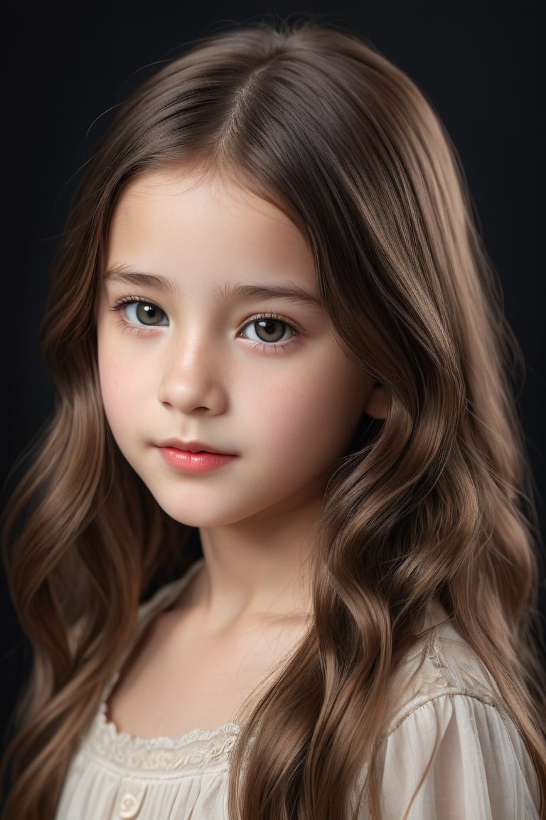 little girl 9 yo, white skin, masterpiece, best quality, ultra-detailed, ultra high res, (photorealistic:1.4), upper body photo, raw photo, (realistic:0.2), 8k HDR, realistic lighting, 1girl, solo, looking at viewer, long wavy hair, (detailed oily skin), black eyes, (detailed face), (simple studio background:1.1), (long body:1.3)