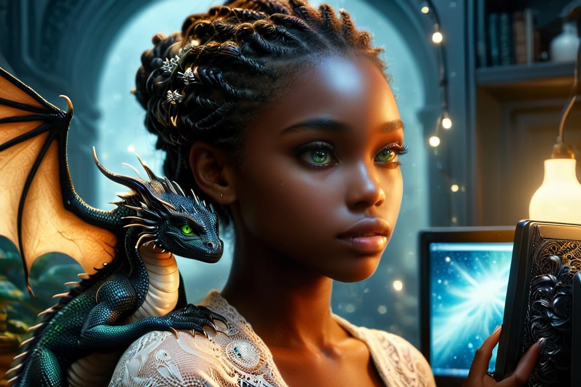 {{best quality}}, {{masterpiece}}, {{ultra-detailed}}, {illustration}, {detailed light}, {an extremely delicate and beautiful}, a black girl at the computer screen, dark room, cute tiny black dragon sits on her shoulder, tiny realistic dragon, Dragon and Black girl have same green eyes, {beautiful detailed eyes}, stars in the eyes, black girl has braids, some braids have color, computer glow, depth of field,detailed eyes, dragon and girl lookin same direction, PetDragon2024xl,niji style, perfectly posed, meticulously composed,photorealistic,dragon