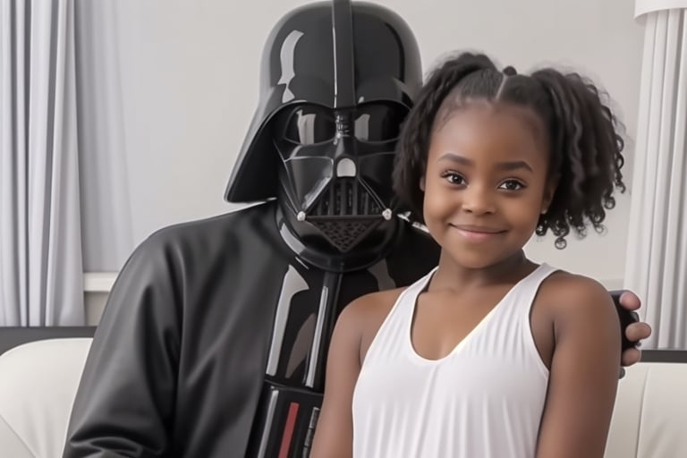 Darth Vader poses next to his Black daughter at home ,<lora:659111690174031528:1.0>