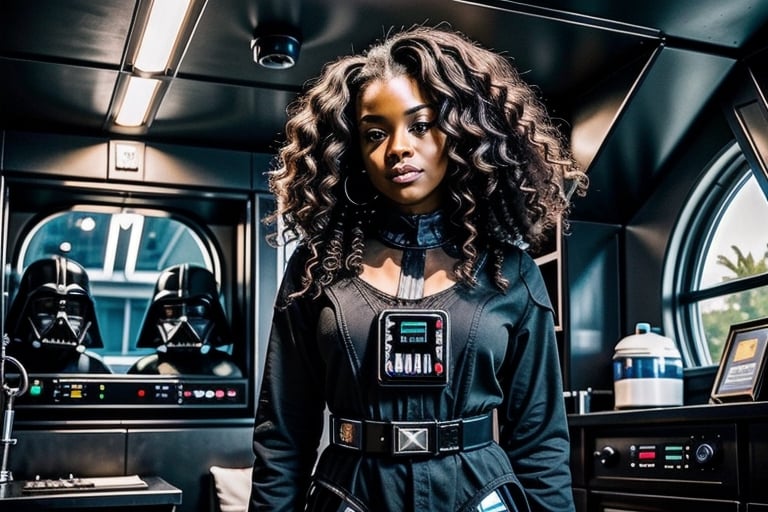 Darth Vader stands next to his Black daughter in her ship's quarters, star wars, Darth Vader, Dark side
,future_skyline,<lora:659111690174031528:1.0>