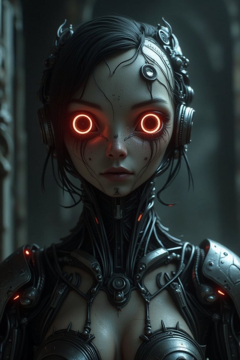 Smug:0.8, serious, (Indistinguishable from a photo), ((augmentations)), artificial eyes, (black_sclera), (two_glowing_ring_irirs), metal skin, mature