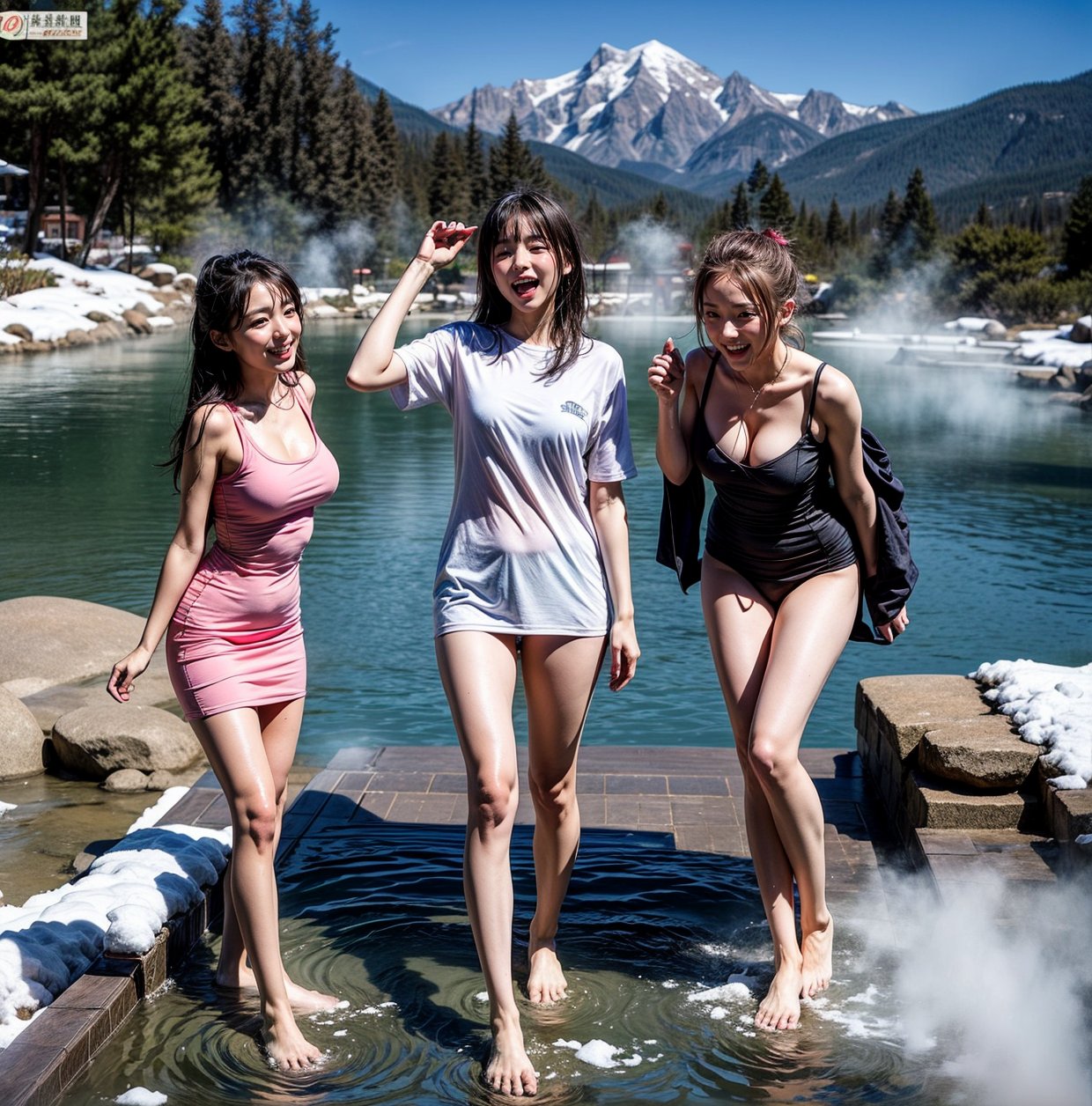 3 girl, high school girl, graduation trip, hot spring trip, hot spring inn, open-air hot spring, soaking in the open-air hot spring, fine snow, hot spring heat presents contrast, everyone has a comfortable expression, moaning and panting face,(full body:1.5)