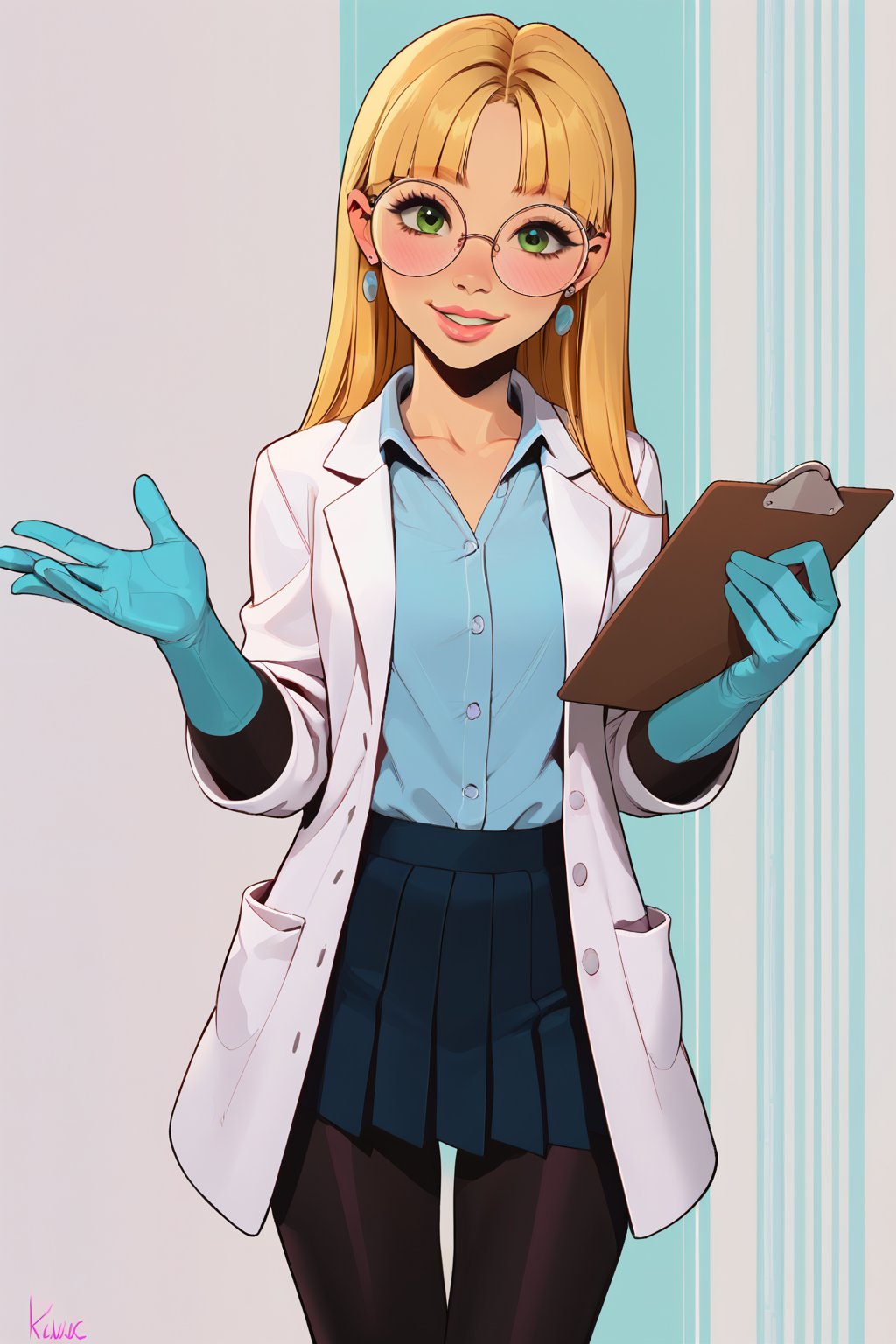 safe_pos, score_9, score_8_up, score_7_up, score_6_up, Expressiveh, very aesthetic, absurdres, highres, solo, laboratory assistant, intern, 1girl, green_eyes, round glasses, clipboard, cropped_legs, holding, holding_clipboard, hugging_clipboard, ((lab_coat)), white_lab_coat, light_blush, lips, smile dimples, college student, 18 years old, young, hime_cut, long_hair, blunt_bangs, blonde_hair, parted_lips, parted_bangs, latex_gloves, sleeves_rolled_up, goofy, gullible, shy, demure, awkward_smile, blushing, cute, looking_at_viewer, light blue shirt, collarbone, earrings, collared_shirt, pleated_skirt, leggings, bright laboratory background, cel shading art, hand-drawn graphic novel, beautiful color palette, perfect composition, cinematic, Concept art, good_hands, perfect hands. Pacifica, Blond hair 