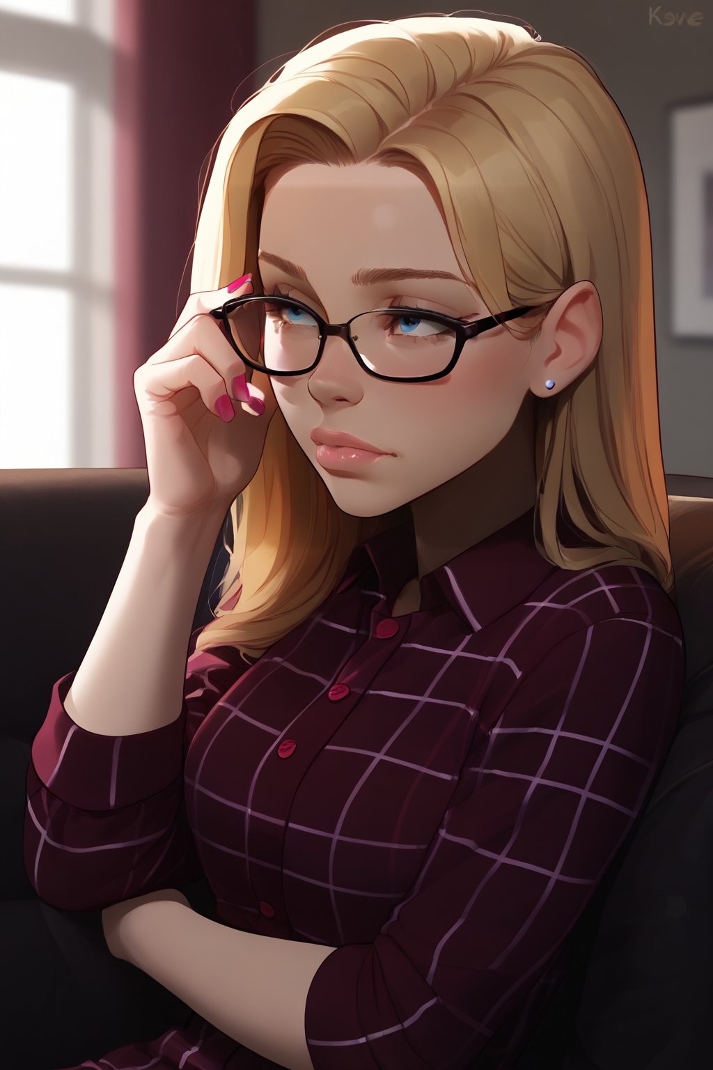 score_9, score_8_up, score_7_up, rating:safe, 1girl, plaid_shirt, solo, blonde_hair, nail_polish, long_hair, blue_eyes, lips, plaid, blurry, depth_of_field, blurry_foreground, glasses, nose, adjusting_eyewear, shirt, casual, tired, exhausted, more detail XL, Expressiveh