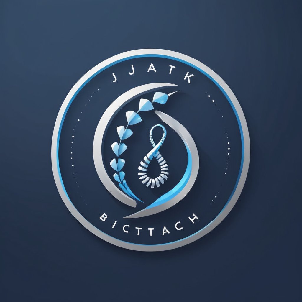 Create a logo for a futuristic biotech company named 'Jutarek Biotech Unlimited.' The logo should have a sleek, modern design with elements that suggest advanced genetics and biotechnology. Incorporate a DNA double helix or a stylized cell structure. The color scheme should be cool and professional, using shades of blue, silver, and white. The logo should convey innovation, science, and cutting-edge technology, and include the company's name in a clean, futuristic font. LOGO