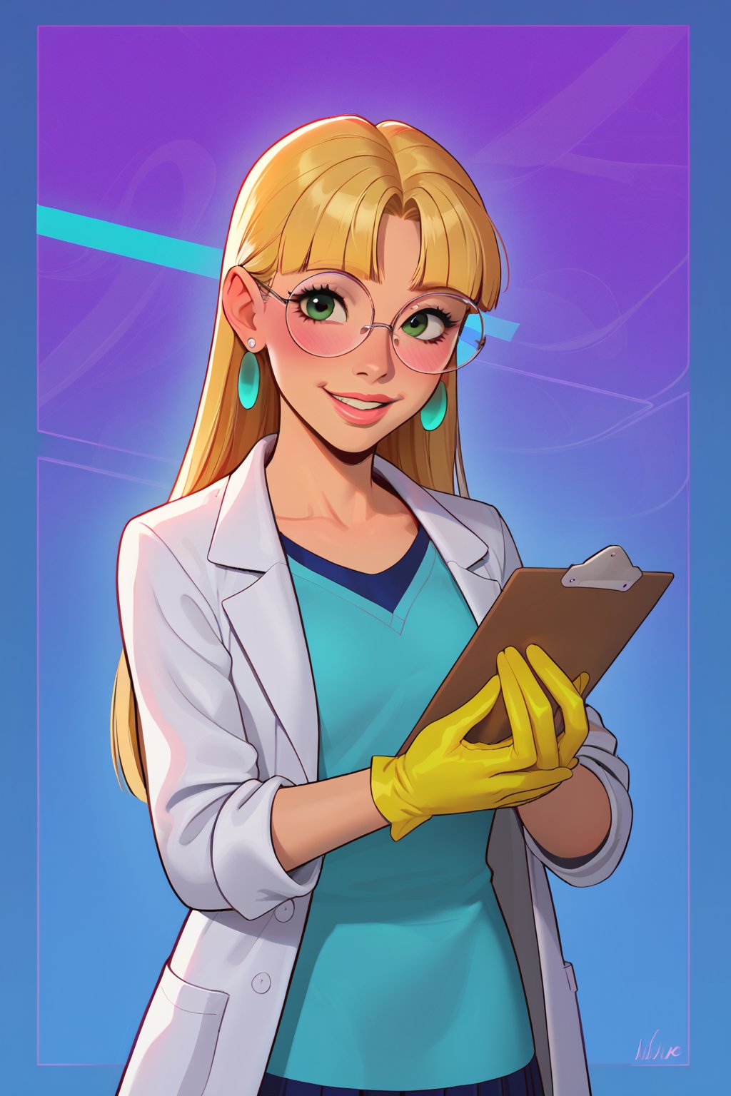 safe_pos, score_9, score_8_up, score_7_up, score_6_up, Expressiveh, very aesthetic, absurdres, highres, solo, laboratory assistant, intern, 1girl, green_eyes, round glasses, clipboard, cropped_legs, holding, holding_clipboard, hugging_clipboard, ((lab_coat)), white_lab_coat, light_blush, lips, smile dimples, college student, 18 years old, young, hime_cut, long_hair, blunt_bangs, blonde_hair, parted_lips, parted_bangs, latex_gloves, sleeves_rolled_up, goofy, gullible, shy, demure, awkward_smile, blushing, cute, looking_at_viewer, light blue shirt, collarbone, earrings, collared_shirt, pleated_skirt, leggings, bright laboratory background, cel shading art, hand-drawn graphic novel, beautiful color palette, perfect composition, cinematic, Concept art, good_hands, perfect hands. Pacifica, Blond hair 