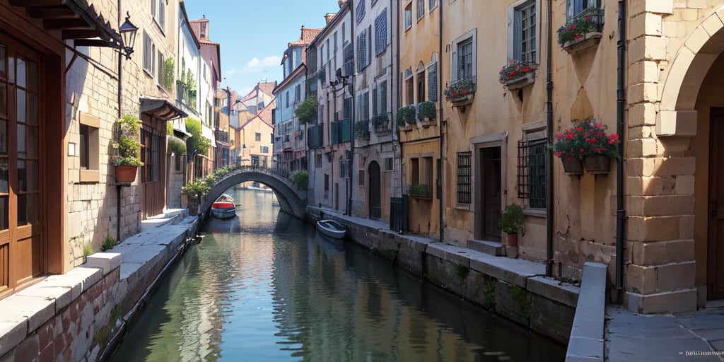 (masterpiece), best quality, outdoor, digital art of a narrow alley, cobblestone, canal to the side, pov from pier, centered walkway, italian medieval city, medieval setting, outdoor, balconies, medieval houses, elegant, eye level, mystifying, dof effect, sharp focus, perfect composition, cinematic
