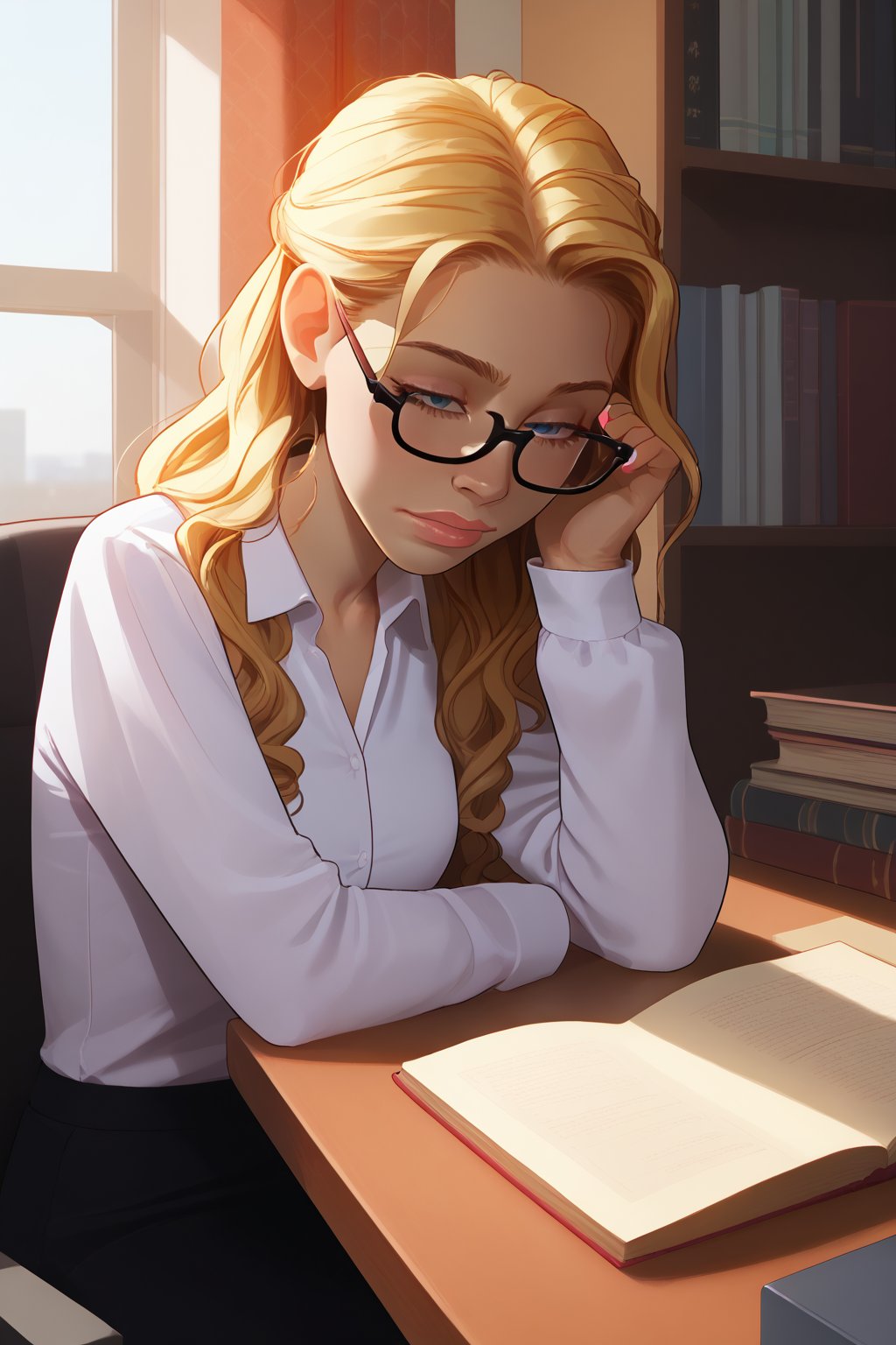 score_9, score_8_up, score_7_up, rating:safe, 1girl, plaid_shirt, solo, blonde_hair, nail_polish, long_hair, curly_hair, blue_eyes, lips, blouse, blurry, depth_of_field, blurry_foreground, glasses, nose, adjusting_eyewear, shirt, loose collar, loose tie, tie_knot, elegant, business, office, desk, photocopier, jewelry, book, indoors, bookshelf, closed_eyes, casual, tired, exhausted, unhappy, chin_rest, more detail XL, Expressiveh