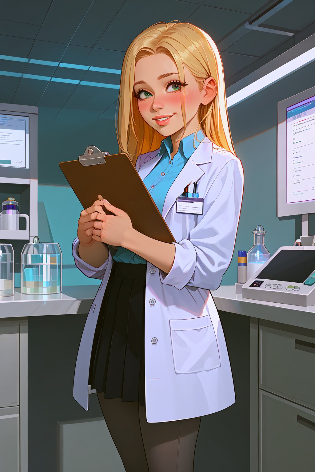 score_9, score_8_up, score_7_up, score_6_up, solo, laboratory assistant, intern, 1girl, emerald_eyes, clipboard, cropped_legs, holding, holding_clipboard, hugging_clipboard, lab_coat, light_blush, lips, college student, 18 years old, young, hime_cut, long_hair, blonde_hair, parted_lips, parted_bangs, pen, sleeves_rolled_up, goofy, gullible, shy, demure, awkward_smile, blushing, cute, shirt, pleated_skirt, leggings, bright laboratory background, 
cel shading art, hand-drawn graphic novel, beautiful color palette, perfect composition, cinematic, Concept art, good_hands, Expressiveh, perfect hands.