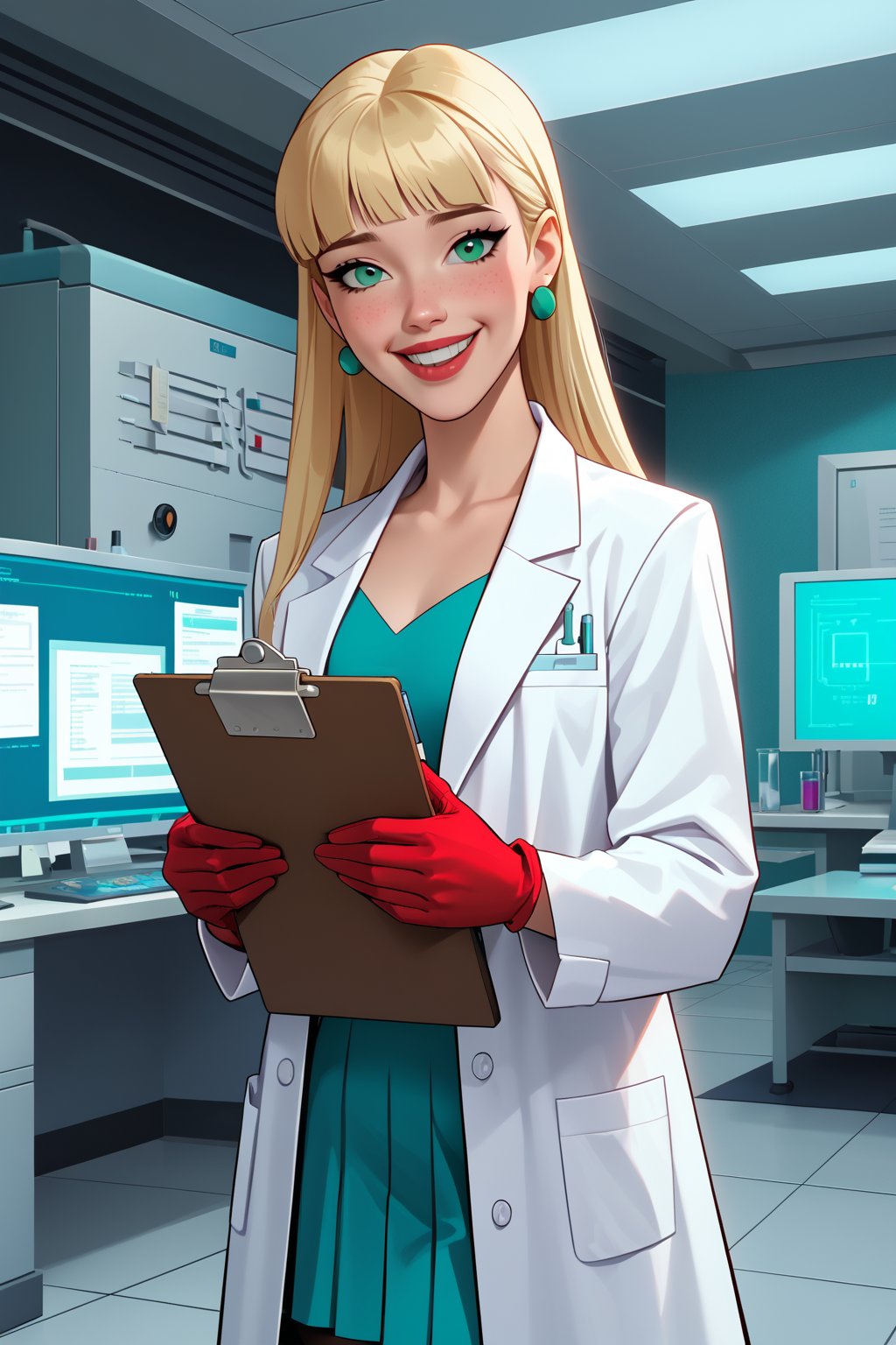 score_9, score_8_up, score_7_up, score_6_up, solo, laboratory assistant, intern, 1girl, green_eyes, clipboard, cropped_legs, holding, holding_clipboard, hugging_clipboard, ((lab_coat)), white_lab_coat, light_blush, lips, smile dimples, college student, 18 years old, young, hime_cut, long_hair, blunt_bangs, blonde_hair, parted_lips, parted_bangs, latex_gloves, sleeves_rolled_up, goofy, gullible, shy, demure, awkward_smile, blushing, cute, looking_at_viewer, light blue shirt, collarbone, earrings, collared_shirt, pleated_skirt, leggings, bright laboratory background, 
cel shading art, hand-drawn graphic novel, beautiful color palette, perfect composition, cinematic, Concept art, good_hands, Expressiveh, perfect hands. comic book illustration, Dc comics style