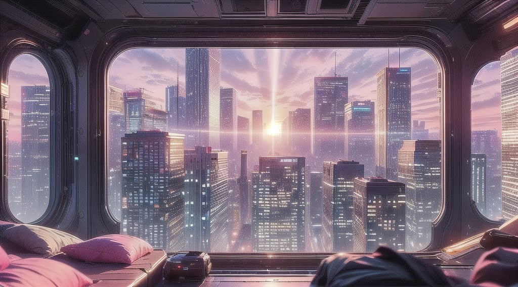 City, metropolis, with skyscrapers, against the backdrop of a pink sunset, pink and peach sky, the glare of the sun on the buildings, sun rays between buildings, without people, Futuristic future, adstech