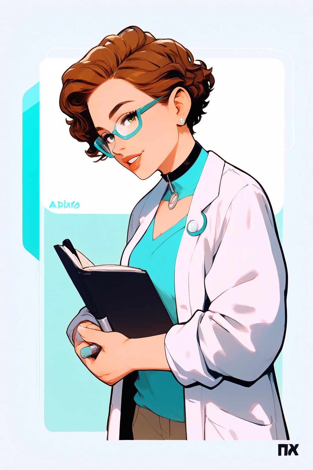 rating_safe, source_cartoon, 
score_9, score_8_up, score_7_up, score_6_up, score_5_up, score_4_up, 
best quality, Dr. Thomas, A middle-aged woman with short, curly brown hair looks up from her desk, peering over her reading glasses
1girl, emerald_eyes, brown_hair, lab_coat, parted_lips, pen, sleeves_rolled_up, solo, cute cardigan, shirt, open_collar, bright laboratory background,
cel shading art, hand-drawn graphic novel, beautiful color palette, perfect composition, cinematic, Concept art, good_hands, Expressiveh, perfect hands.