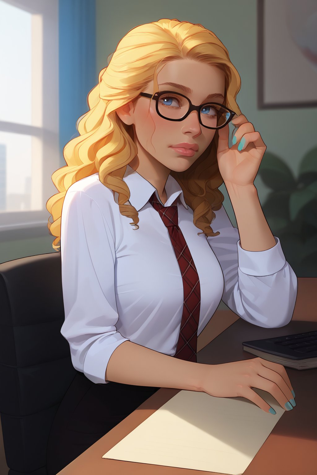 score_9, score_8_up, score_7_up, rating:safe, 1girl, plaid_shirt, solo, blonde_hair, nail_polish, long_hair, curly_hair, blue_eyes, lips, blouse, blurry, depth_of_field, blurry_foreground, glasses, nose, adjusting_eyewear, shirt, loose collar, loose tie, tie_knot, elegant, business, office, desk, photocopier, casual, tired, exhausted, unhappy, more detail XL, Expressiveh