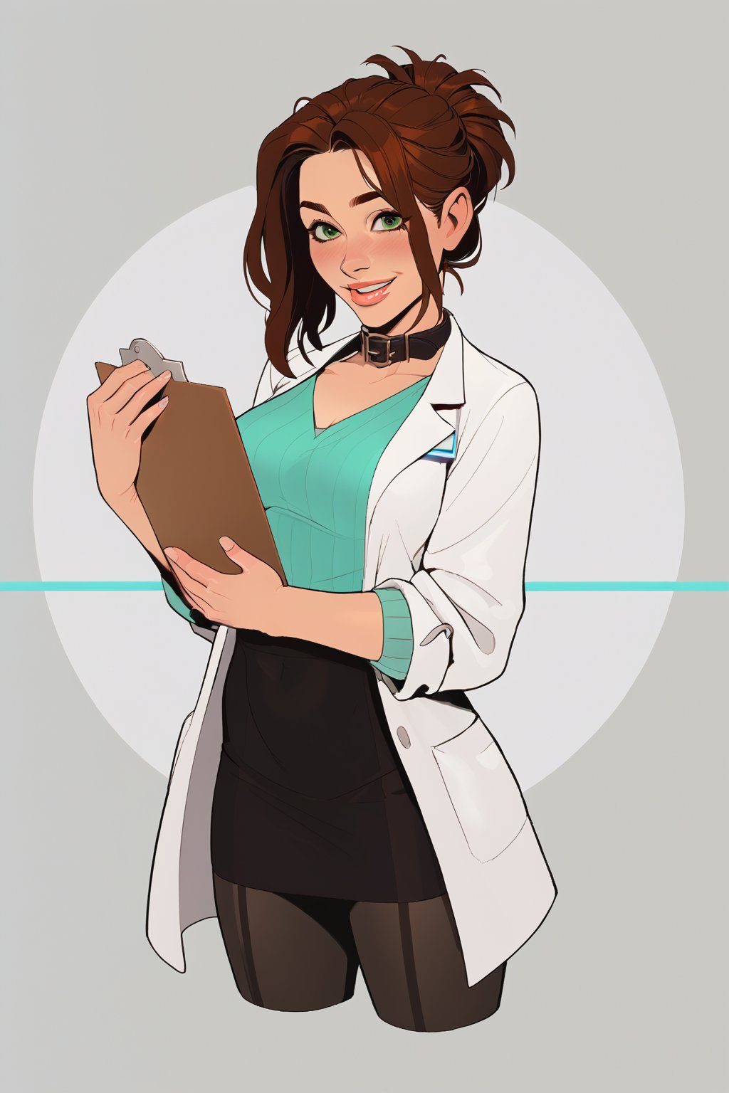 score_9, score_8_up, score_7_up, score_6_up, 1girl, emerald_eyes, brown_hair, clipboard, cropped_legs, holding, holding_clipboard, hugging_clipboard, lab_coat, light_blush, lips, student, 18 years old, messy ponytail, parted_lips, parted_bangs, pen, sleeves_rolled_up, solo, shy, demure, awkward_smile. cute cardigan, shirt, open_collar, plaited_skirt, leggings, bright laboratory background,
cel shading art, hand-drawn graphic novel, beautiful color palette, perfect composition, cinematic, Concept art, good_hands, Expressiveh, perfect hands.