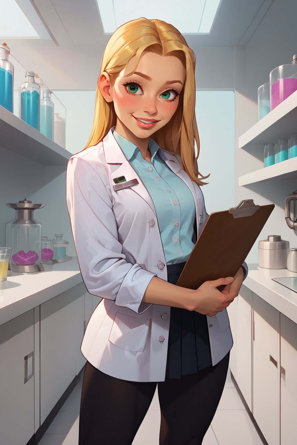 score_9, score_8_up, score_7_up, score_6_up, solo, laboratory assistant, intern, 1girl, emerald_eyes, clipboard, cropped_legs, holding, holding_clipboard, hugging_clipboard, lab_coat, light_blush, lips, college student, 18 years old, young, hime_cut, long_hair, blonde_hair, parted_lips, parted_bangs, pen, sleeves_rolled_up, goofy, gullible, shy, demure, awkward_smile, blushing, cute, shirt, pleated_skirt, leggings, bright laboratory background, 
cel shading art, hand-drawn graphic novel, beautiful color palette, perfect composition, cinematic, Concept art, good_hands, Expressiveh, perfect hands.