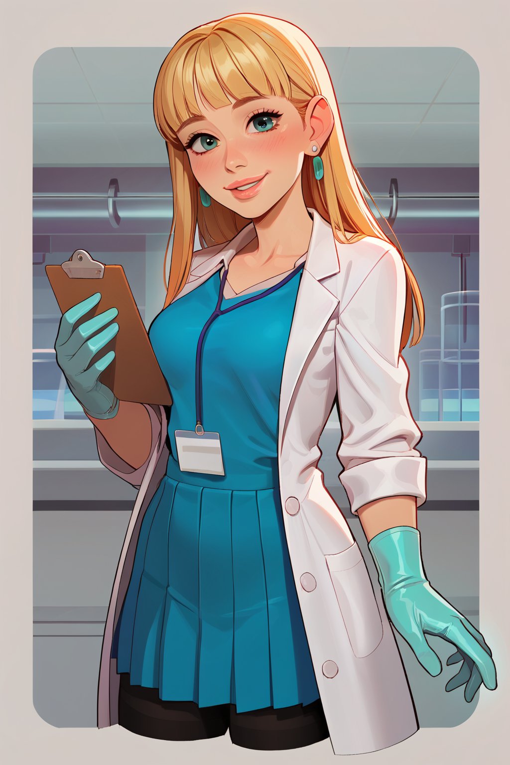 score_9, score_8_up, score_7_up, score_6_up, solo, laboratory assistant, intern, 1girl, green_eyes, clipboard, cropped_legs, holding, holding_clipboard, hugging_clipboard, ((lab_coat)), white_lab_coat, light_blush, lips, smile dimples, college student, 18 years old, young, hime_cut, long_hair, blunt_bangs, blonde_hair, parted_lips, parted_bangs, latex_gloves, sleeves_rolled_up, goofy, gullible, shy, demure, awkward_smile, blushing, cute, looking_at_viewer, light blue shirt, collarbone, earrings, collared_shirt, pleated_skirt, leggings, bright laboratory background, 
cel shading art, hand-drawn graphic novel, beautiful color palette, perfect composition, cinematic, Concept art, good_hands, Expressiveh, perfect hands.