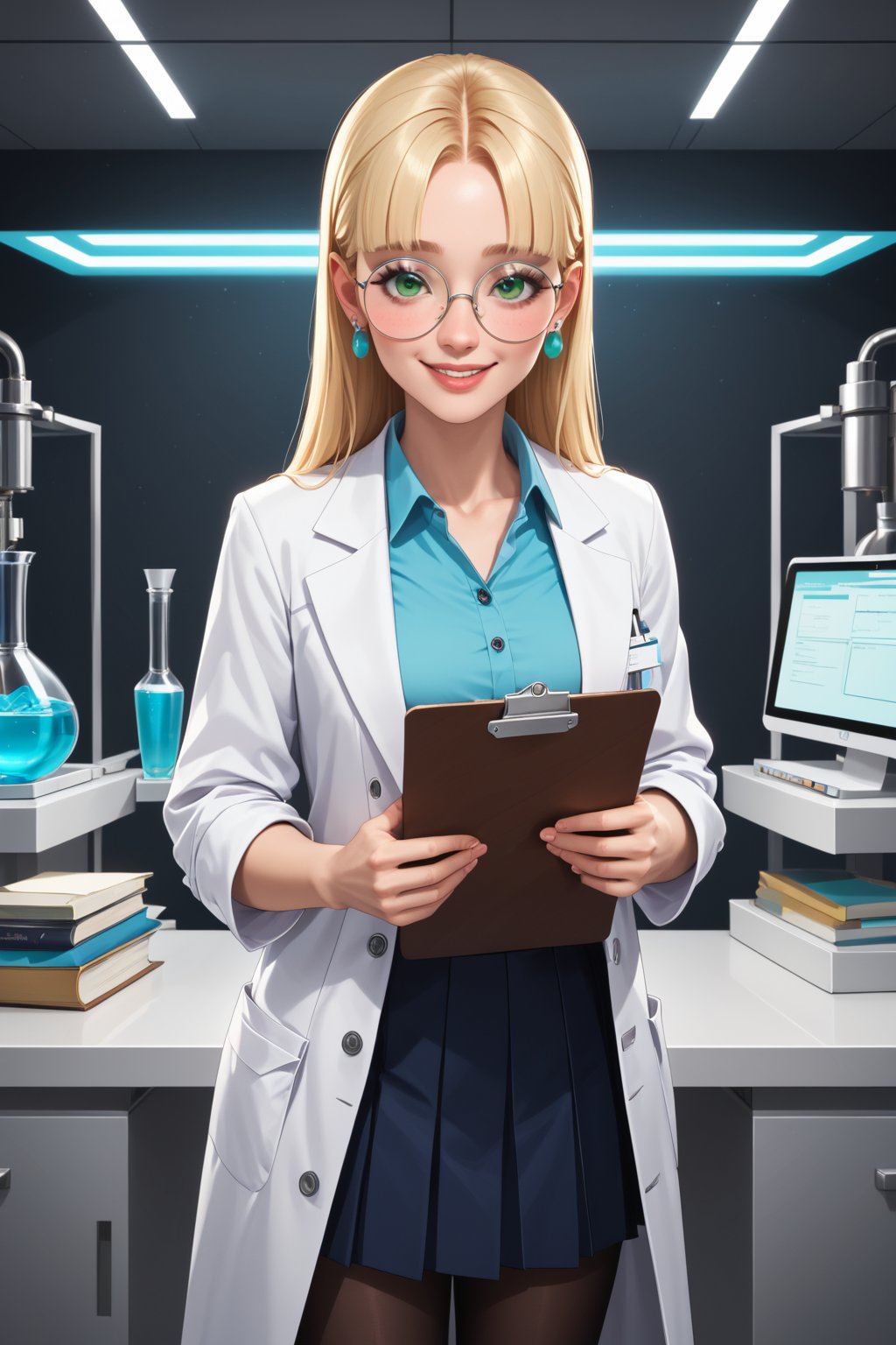 safe_pos, score_9, score_8_up, score_7_up, score_6_up, Expressiveh, very aesthetic, absurdres, highres, solo, laboratory assistant, intern, 1girl, green_eyes, round glasses, clipboard, cropped_legs, holding, holding_clipboard, hugging_clipboard, ((lab_coat)), white_lab_coat, light_blush, lips, smile dimples, college student, 18 years old, young, hime_cut, long_hair, blunt_bangs, blonde_hair, parted_lips, parted_bangs, sleeves_rolled_up, goofy, gullible, shy, demure, awkward_smile, blushing, cute, looking_at_viewer, light blue shirt, collarbone, earrings, collared_shirt, pleated_skirt, leggings, bright laboratory background, cel shading art, hand-drawn graphic novel, beautiful color palette, perfect composition, cinematic, Concept art, good_hands, perfect hands. Pacifica, Blond hair, comic book illustration, Dc comics style