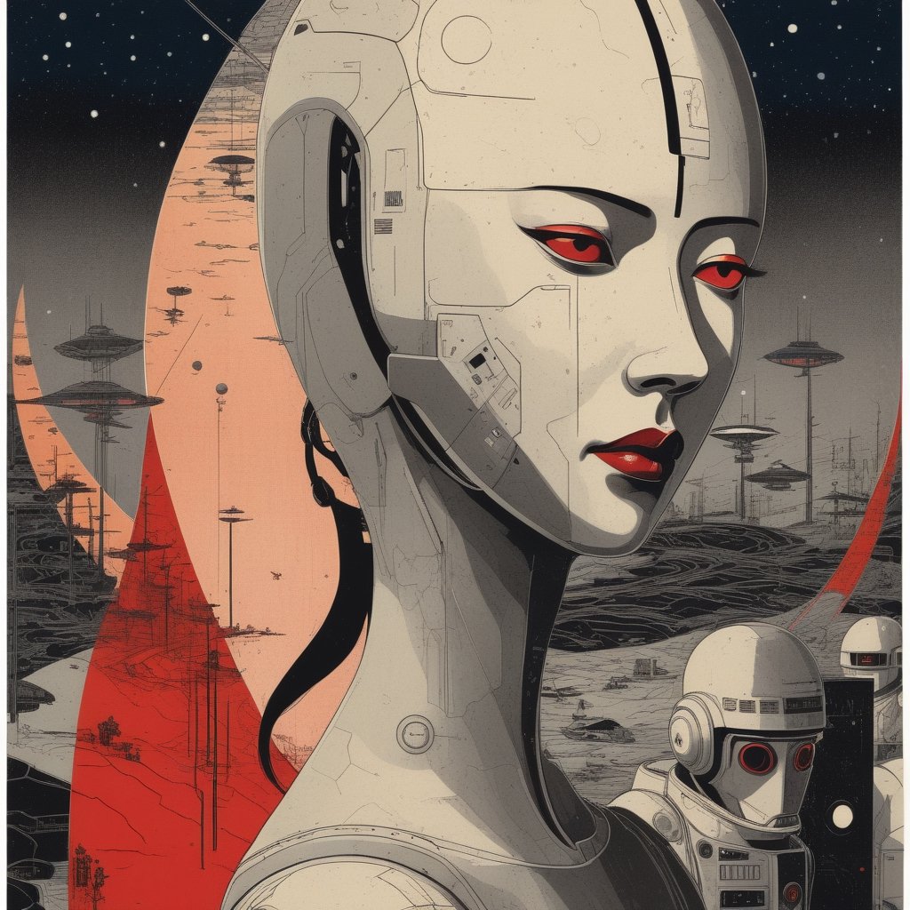 illustration for graphic novel, woodblock print vibes, style of Hieronymous Bosch, cyborg, futuristic sci-fi nightmare scene, high tech, dystopian debauchery on moonbase alpha, illustration, moody, more detail XL,Ukiyo-e,ink