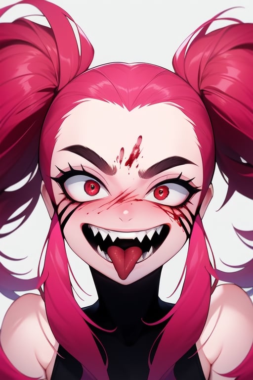 Spinel, pink hair,1girl, solo, masterpiece, 8k,high_resolution,pink skin,pigtails,spiky hair,evil smile,facing_viewer,standing,portrait,

big_eyes,sticking_tongue_out,Female,yandere,red_eyes,blood_on_face,long_tongue
,