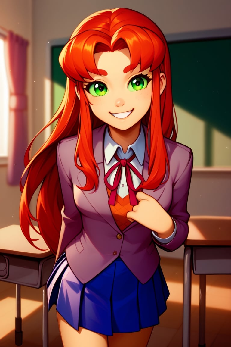 1girl,solo,slim,
big eyes,confident,smile,
starfire,cute,
redhead,green eyes,
happy,smile,
blazer, neck ribbon, collared shirt, blue skirt,
classroom,score_9,masterpiece