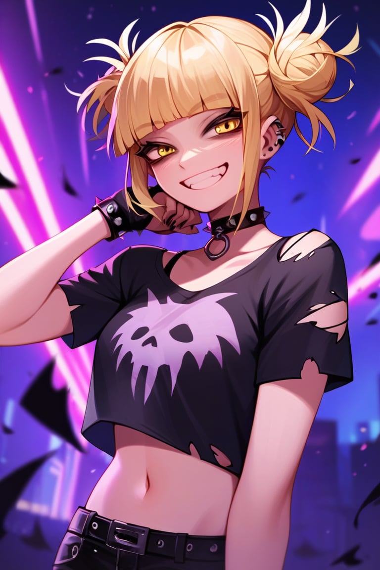 Score_9,Score_up_8,Score_up_7,Score_up_6,Score_up_5, source_cartoon,smile,eerie,smile,flat_colors,colored,human,handsome,h1m1k0t0g4,yellow eyes,short hair,blunt bangs,hair bun,messy hair,choker,blonde hair,cute,goth,goth_clothes,goth_makeup,torn_clothes,midriff,highlights,grin,smile