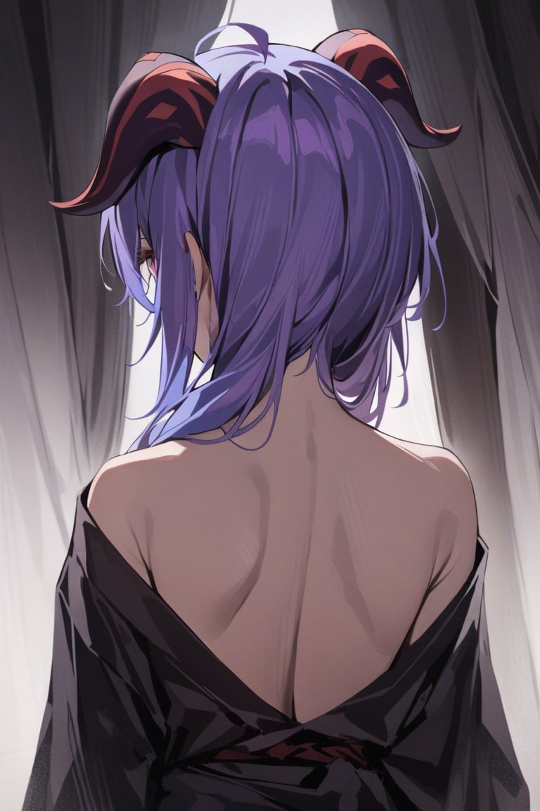 masterpiece, best quality, 1 girl, Ganyu_genshi impact,purple_hair,purple_eyes,red_horns, with yandere smile Wearing a Wearing a black kimono , with her entire body turning her back looking towards the sky 