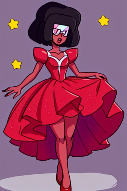 garnet, garnet steven universe, star glasses, full body, princess dress, dress with red diamonds, red slippers, 3 eyes, long dress, red skin