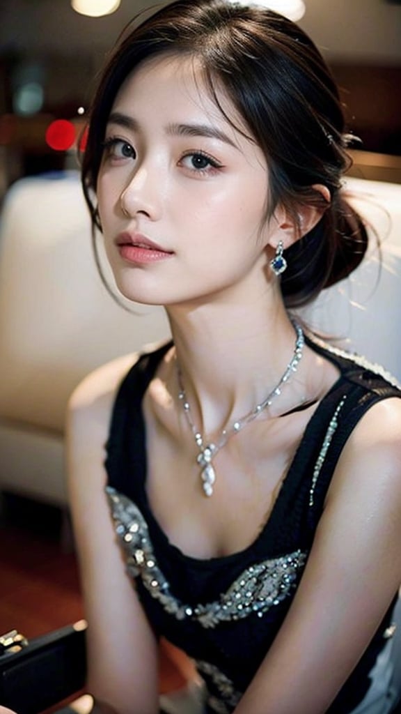 Beautiful and delicate light, (beautiful and delicate eyes), pale skin, big smile, (brown eyes), (black long hair), dreamy, medium chest, woman 1, (front shot), Korean girl, bangs, soft expression, height 170, elegance, bright smile, 8k art photo, realistic concept art, realistic, portrait, necklace, small earrings, handbag, fantasy, jewelry, shyness,REALISTIC,masterpiece,1 girl 