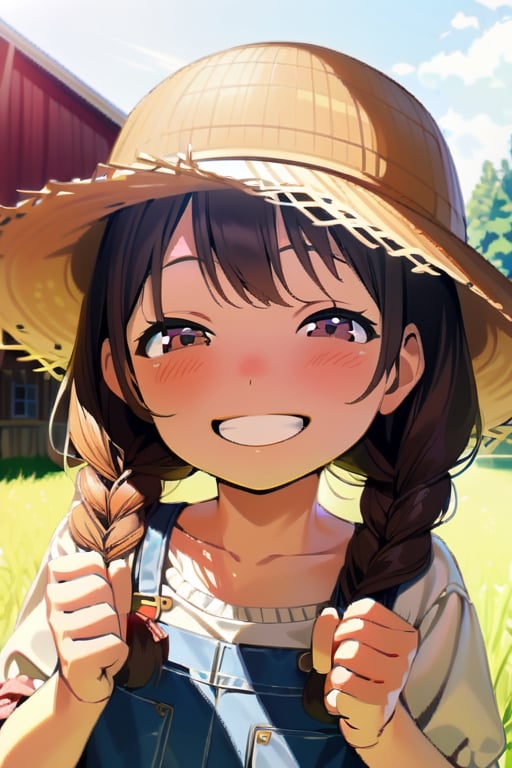 1girl,lolicon,underage,big_pigtails,barn_in_background,overalls,flanel_shirt,high_resolution,smile,happy,photorealistic,thick_braids, multi-tied hair,twin_braids,straw_hat,anya forger