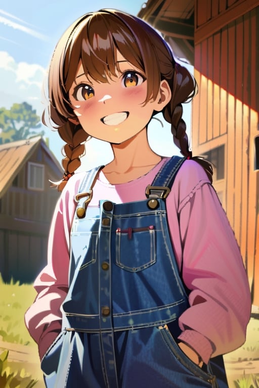 1girl,lolicon,underage,big_pigtails,barn_in_background,overalls,flanel_shirt,high_resolution,smile,happy,photorealistic,thick_braids, multi-tied hair,twin_braids