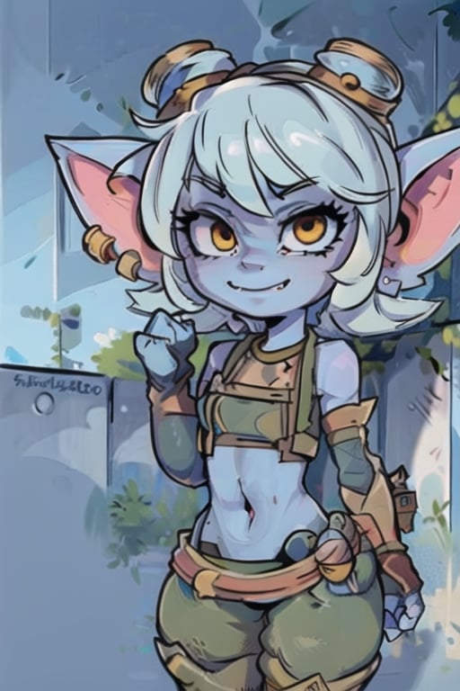 Tristana \(league of legends\), league of legends,(1 girl), (solo female), looking at viewer, short stature,(blue skin:1.2), smug_smile,steampunk,

((sharp details)), hi res, (8k),trending on artstation, pixiv, digital art,4k,(masterpiece:1.4),trending on pixiv,(best illustration), (best shadow),official art,female,solo female, (perfect clothes), (extremely highly detailed perfectly drawn clothes:1.2), toeless legwear, 

goggles, goggles on head, gloves, navel, jewelry, earrings, fingerless gloves, elbow gloves, belt, green pants, crop top arm sleeves, grenade belt,