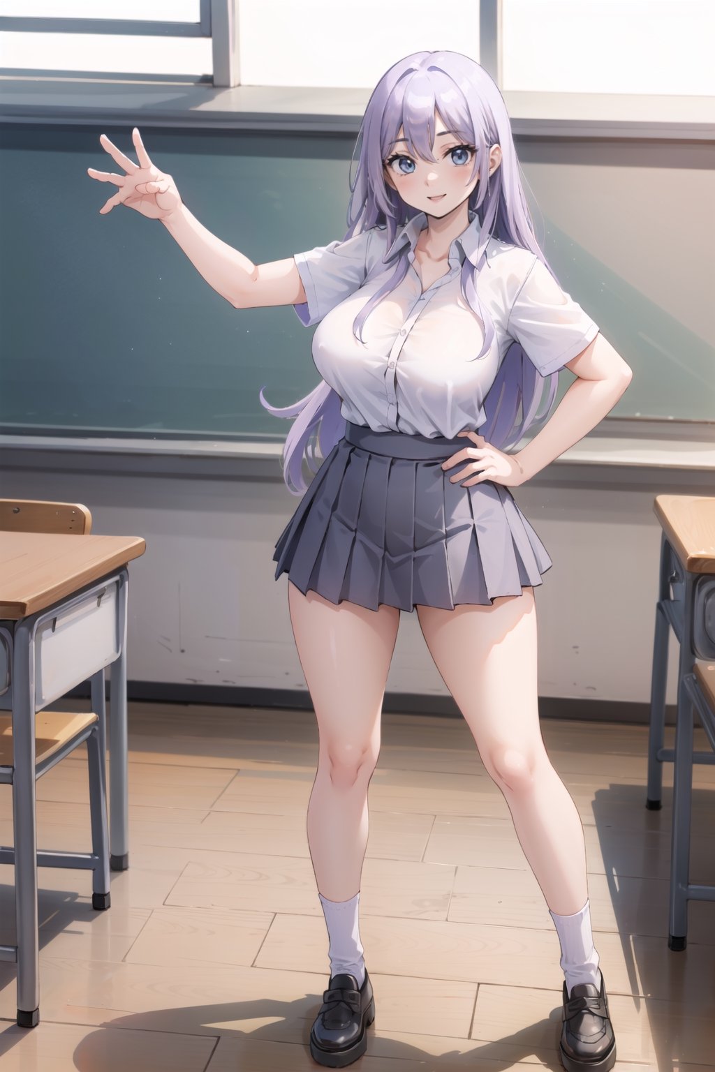 olivia,studio,school_uniform , full body, large breasts, large hips, light purple hair,short torso, long hair, blue eyes,classroom, smile, white shirt, standing,short sleeves, grey skirt, white socks, brown shoes, sexy pose,