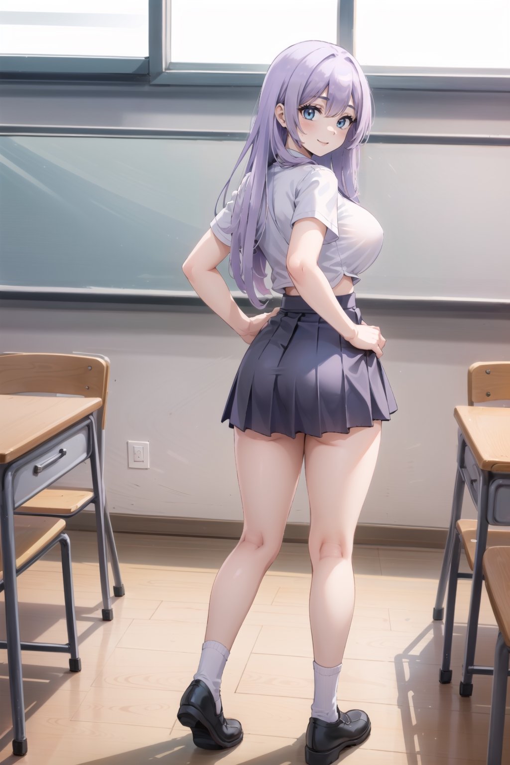 olivia,studio,school_uniform , full body, large breasts, large hips, light purple hair,short torso, long hair, blue eyes,classroom, smile, white shirt, standing,short sleeves, grey skirt, white socks, brown shoes, sexy pose, back view,look back