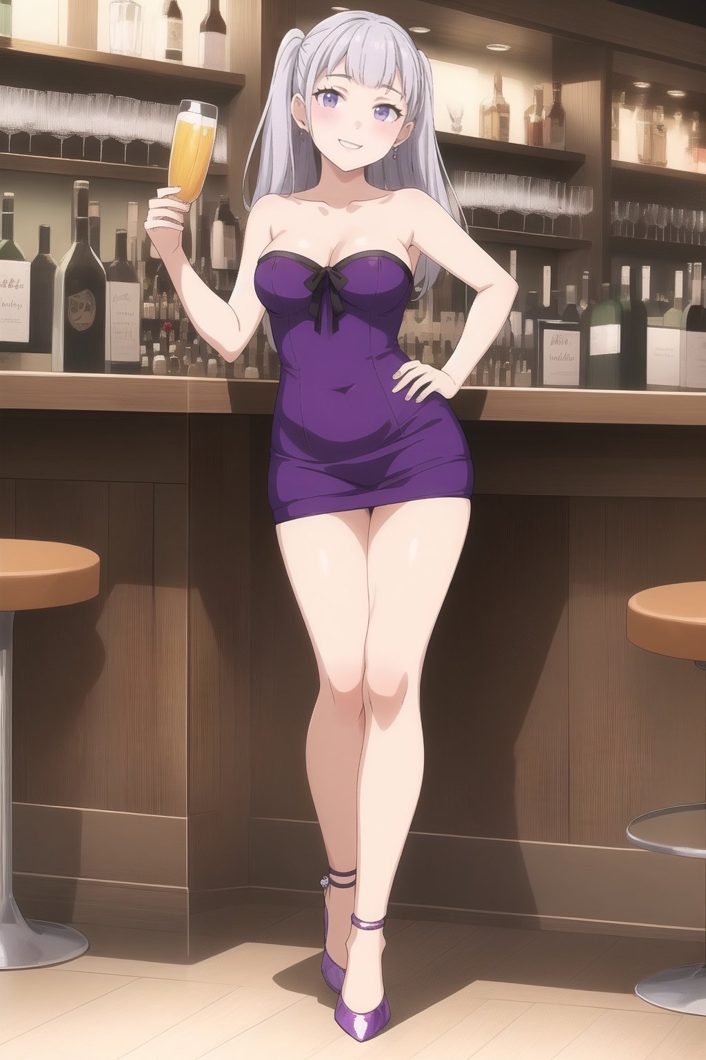 ((masterpiece)), solo, 1girl, ,young, teen,  smile,looking at viewer,standing, full body,
,noelle

((micro dress))
((sexy pose ))
 ((bare shoulders))
((sleeveless))
((purple dress))
((heeled shoes))
((tight dress))
((strapless ))

((bar))
((bar bar))
