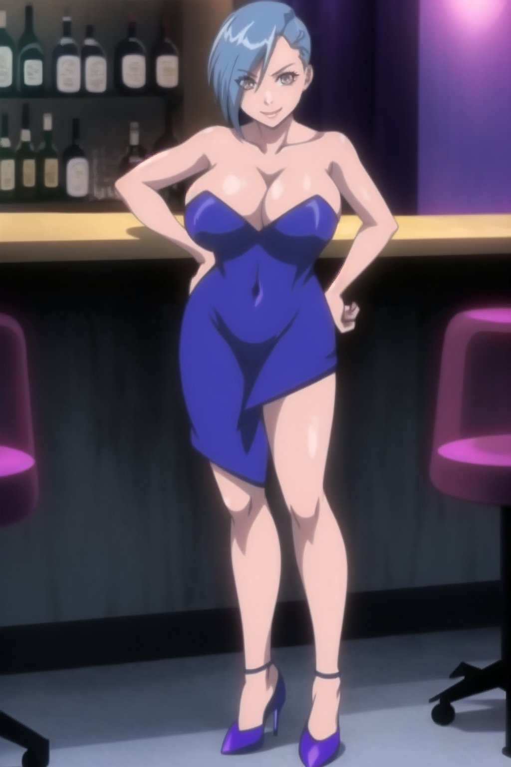 ((masterpiece)), solo, 1girl, mature,  smile,looking at viewer,standing, full body,
grd
blue hair, big breasts
((micro dress))
((sexy pose ))
 ((bare shoulders))
((sleeveless))
((purple dress))
((heeled shoes))
((tight dress))
((strapless ))

((bar))
((bar bar))
,,,