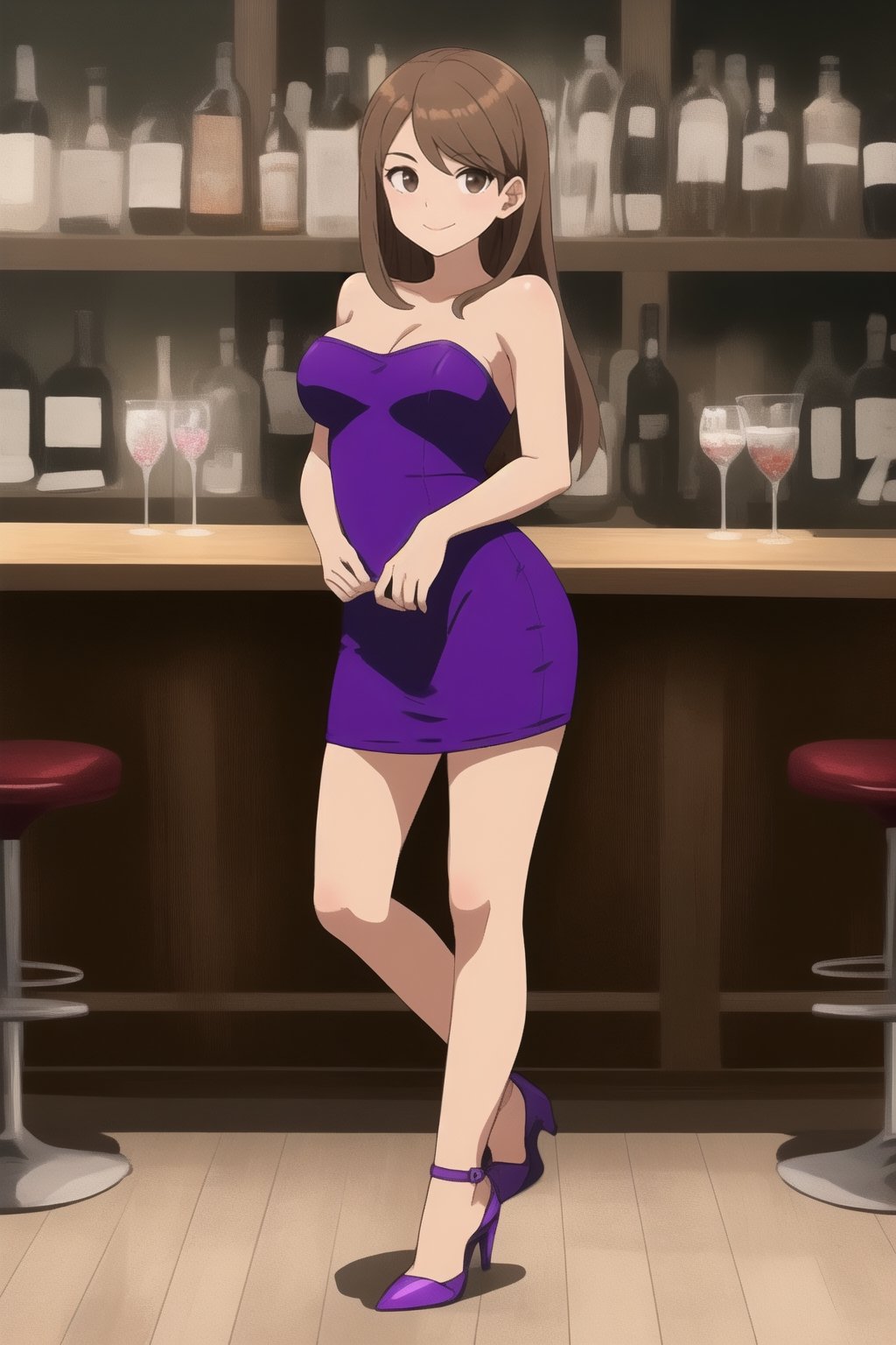 ((masterpiece)), solo, 1girl, ,young, teen,  smile, long hair, ((light brown hair)), ((dark brown eyes)),looking at viewer, athletic,,standing, ((girlA)),((medium breast)),full body,
((micro dress))
((sexy pose ))
 ((bare shoulders))
((sleeveless))
((purple dress))
((heeled shoes))
((tight dress))
((strapless ))

((bar))
((bar bar))
