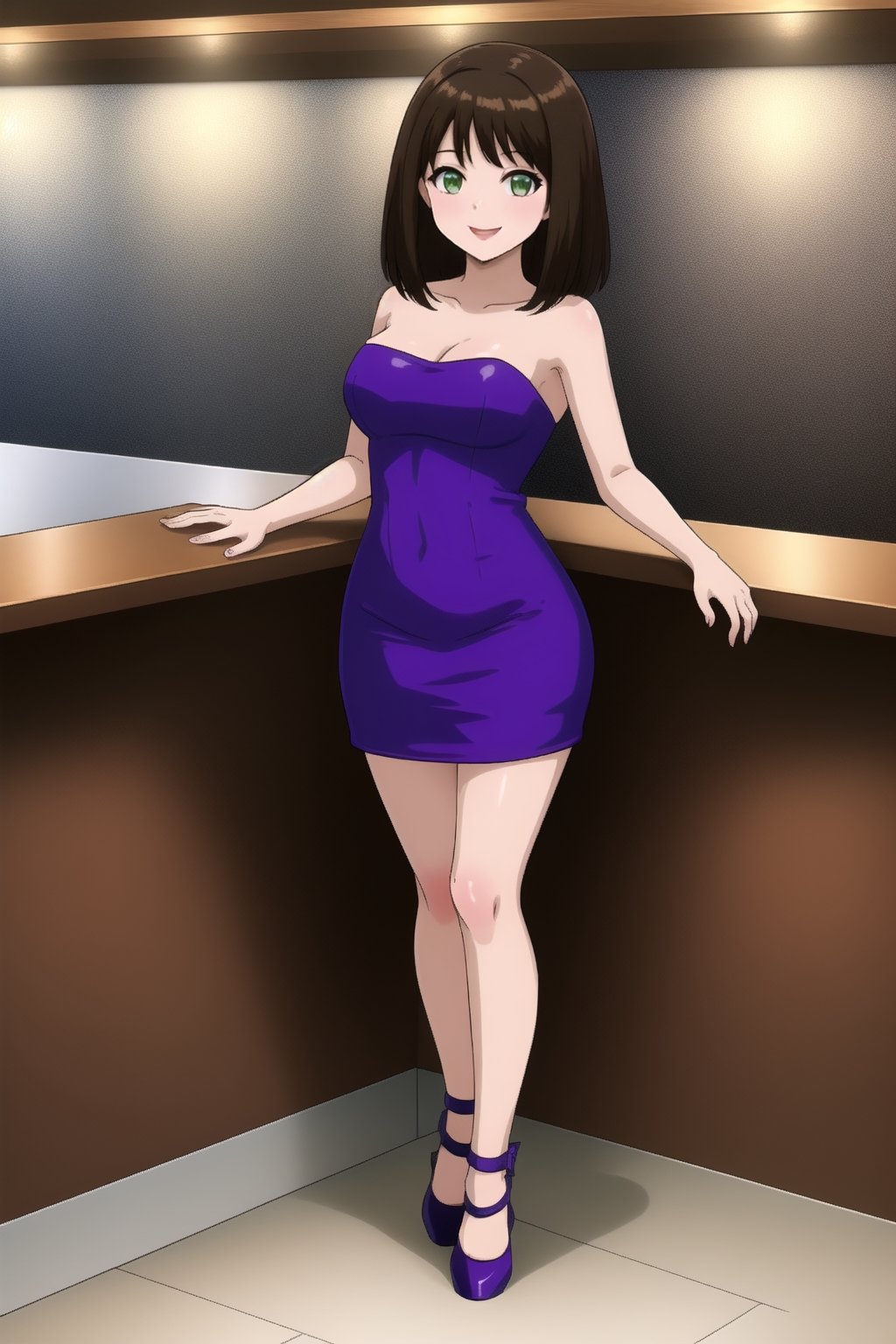 ((masterpiece)), solo, 1girl, ,young, teen,  smile,looking at viewer,standing, full body,
((bt)) ,breasts, smile, sleeveless, bangs, green eyes
brown hair,

((micro dress))
((sexy pose ))
 ((bare shoulders))
((sleeveless))
((purple dress))
((heeled shoes))
((tight dress))
((strapless ))

((bar))
((bar bar))
