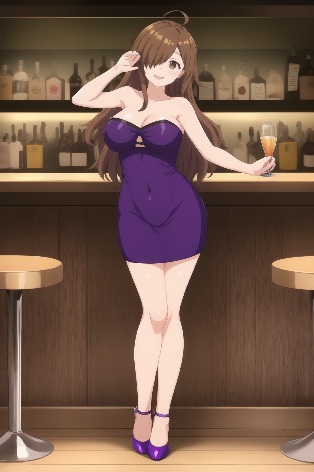 ((masterpiece)), solo, 1girl, mature,  smile,looking at viewer,standing, full body,
wizl long hair breasts brown hair ahoge hair over one eye,(( brown eyes))

((micro dress))
((sexy pose ))
 ((bare shoulders))
((sleeveless))
((purple dress))
((heeled shoes))
((tight dress))
((strapless ))

((bar))
((bar bar))
,,