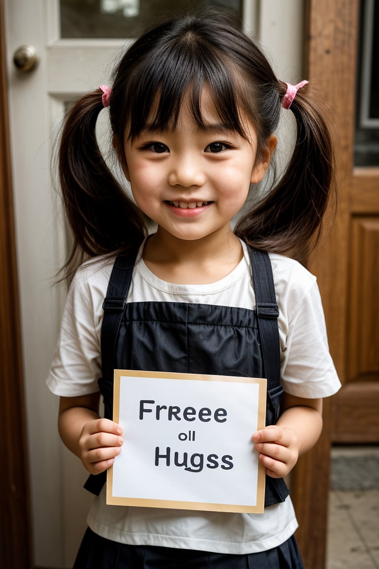  5 year old little Korean girl holding a sign that says "Free Hugs", cute little Korean girl, children's eyes, (happy), thin, children's clothing, children's body, twin tails, deep photo, depth of field, Superia 400, bright, at school The door, the details are more reasonable,金子美穂