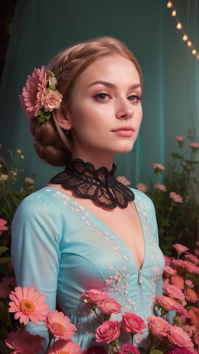 Photo of a woman with a perfect face, dress, soft color, dreamlike, surrealism, outdoors, complex background night sky and flowers, intricate details. Art in pop surrealism lowbrow cute style. Inspired by Ray Caesar. opaque colors, indirect lighting. realistic, character,
