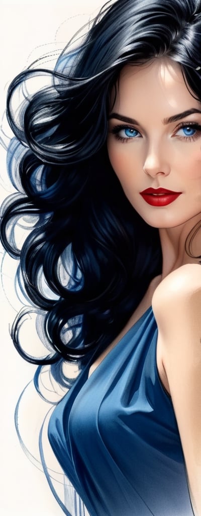 pencil Sketch of a beautiful mature woman 25 years old, with black hair, alluring, portrait by Charles Miano, ink drawing, illustrative art, soft lighting, detailed, more Flowing rhythm, elegant, low contrast, add soft blur with thin line, red lipstick, blue eyes.