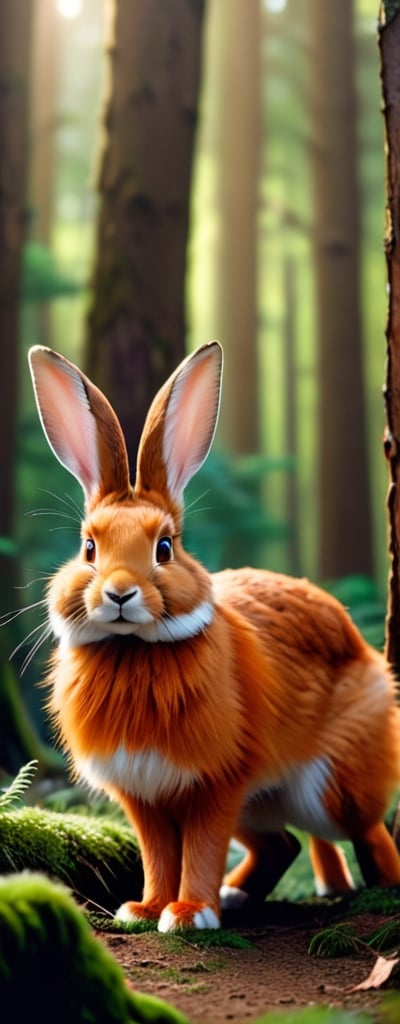 Realistic photo of the red [rabbit : fox with (long rabbit ears:1.8) : 8] in a forest. Soft fur, delicate wool. High quality, UHD, 8k, 4k, detailed, soft light, DSLR quality, stock quality, professional. BBC world