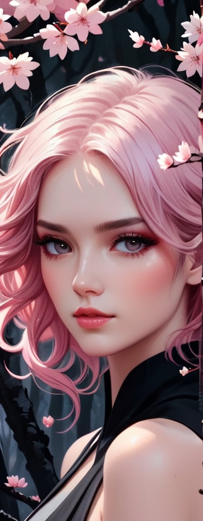 Close up woman dusty pink hair in a cherry blossom woods. on black canvas in the style of guillem h. pongiluppi, abigail larson, ominous landscapes, john sloane, light grey and pink, energy-filled illustrations, highly detailed