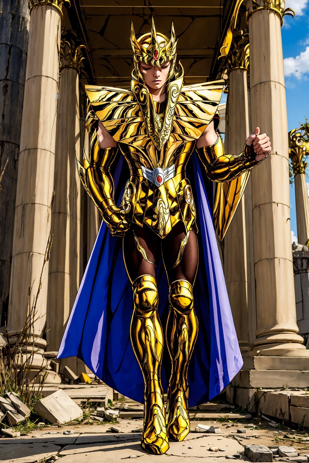 (masterpiece), (best quality), 1boy, Shaka, saint seiya, blonde hair, long hair,Long hair reaching the waist., closed eyes, Handsome boy,gold armor, cape, greek temple ruins,focus full body,Focus 2.1meter,Enhance