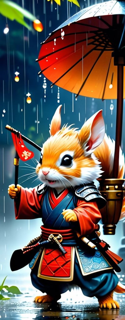 Hyper-detailed  painting, Jean-Baptiste Monge style, a gang of cute samurai little squirels gathered in the rain under an samurai armor, splash, glittering, cute and adorable, filigree, lights, fluffy, magic, surreal, fantasy, digital art, ultra hd, hyper-realistic illustration, vivid colors,  UHD, cinematic perfect light,greg rutkowski