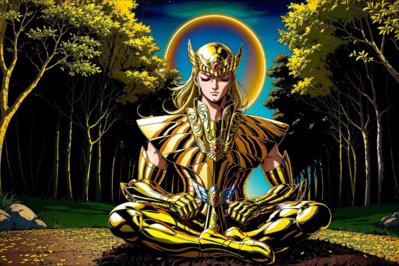 (masterpiece), (best quality), 1boy, Shaka, saint seiya, blonde hair, long hair, closed eyes, gold armor, sitting, indian_style, cherry trees