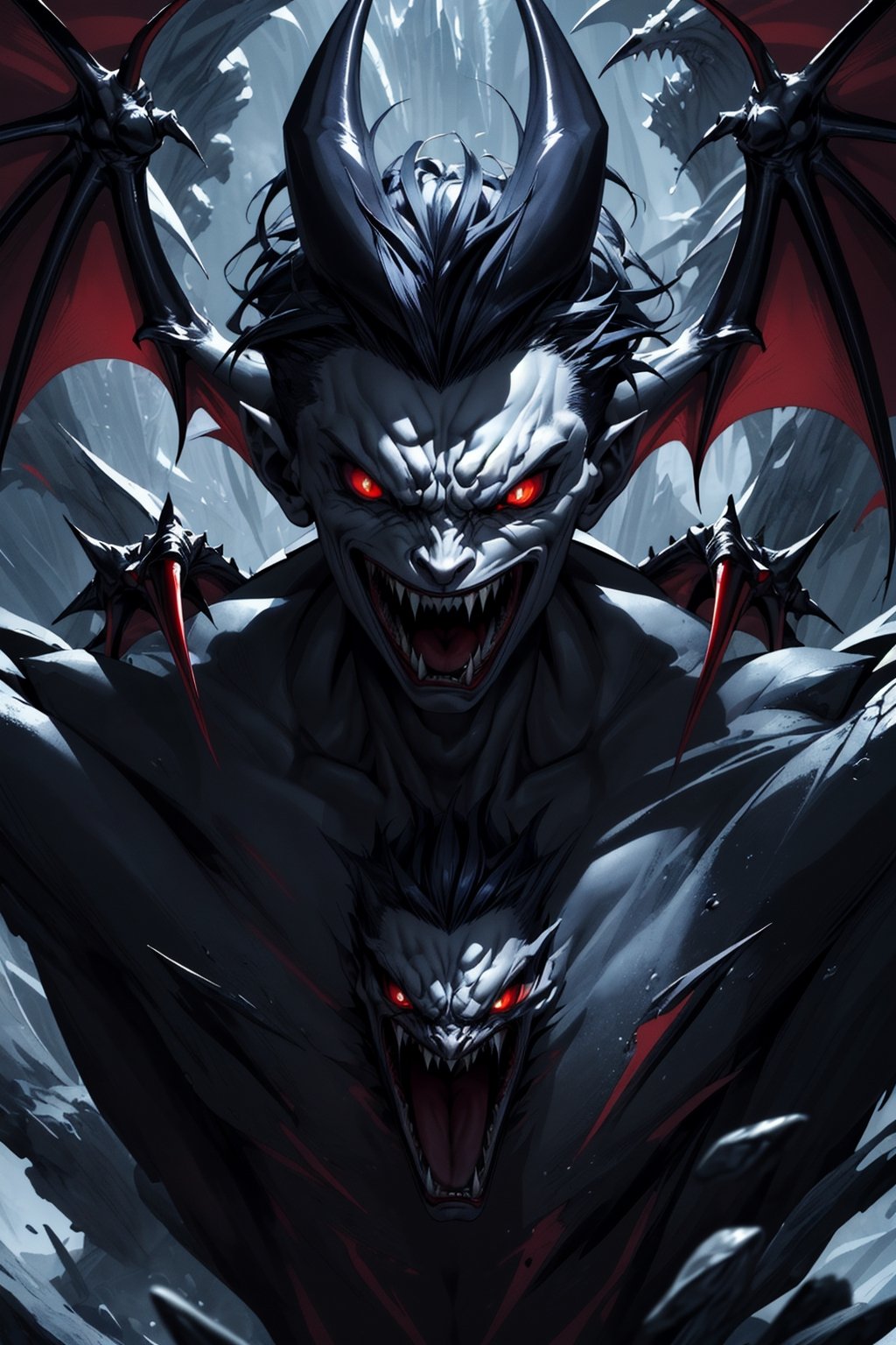 ((masterpiece, best quality)),(complex light),absurdres, The image depicts a vampire with a menacing demeanor, showcasing sharp, elongated fangs ready to strike. The vampire's cold, piercing gaze and the prominent display of predatory teeth evoke a sense of danger and the chilling allure associated with these mythical creatures of the night.