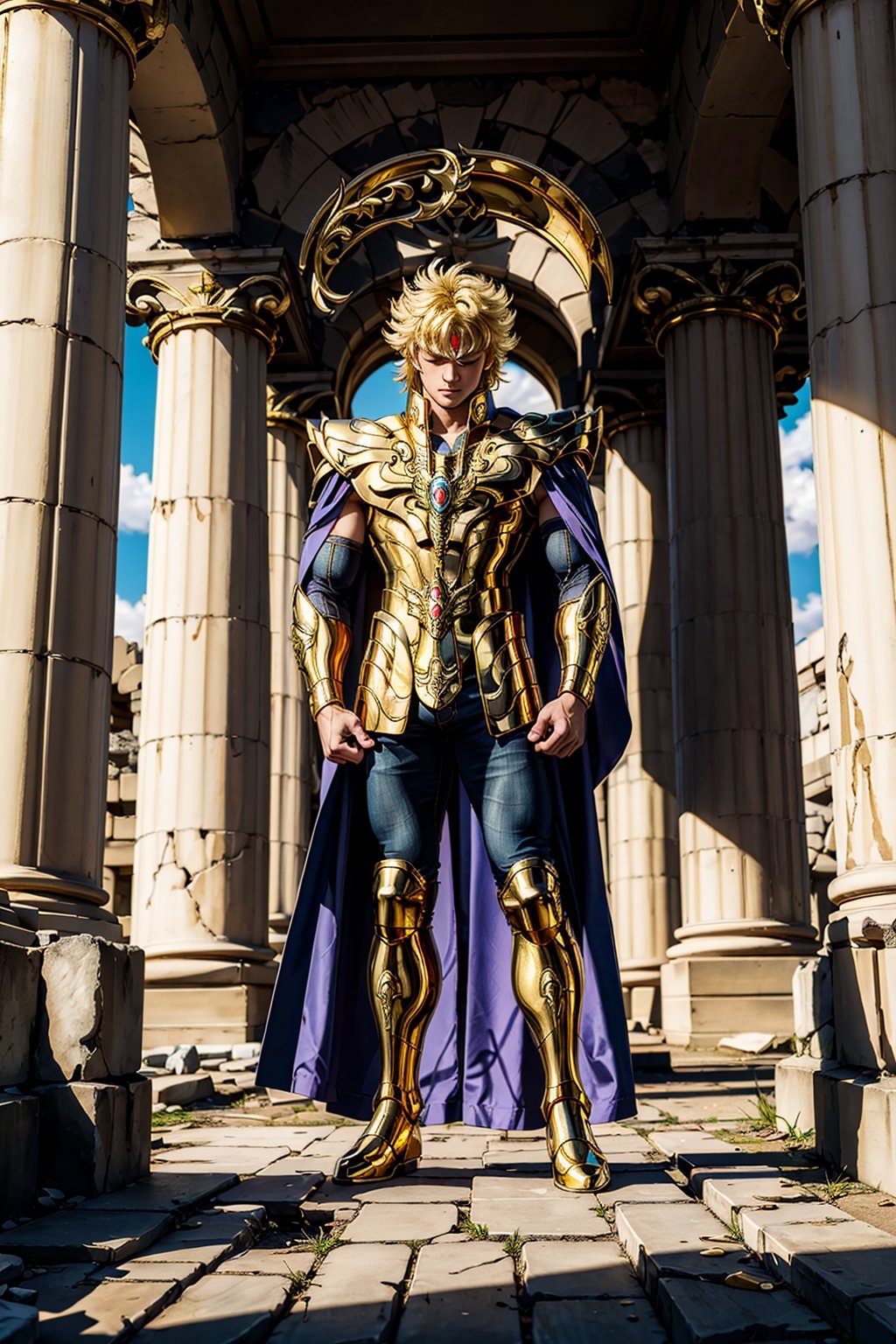 (masterpiece), (best quality), 1boy, Shaka, saint seiya, blonde hair, long hair, closed eyes, Handsome boy,gold armor, cape, greek temple ruins,focus full body,Focus 2.1meter,